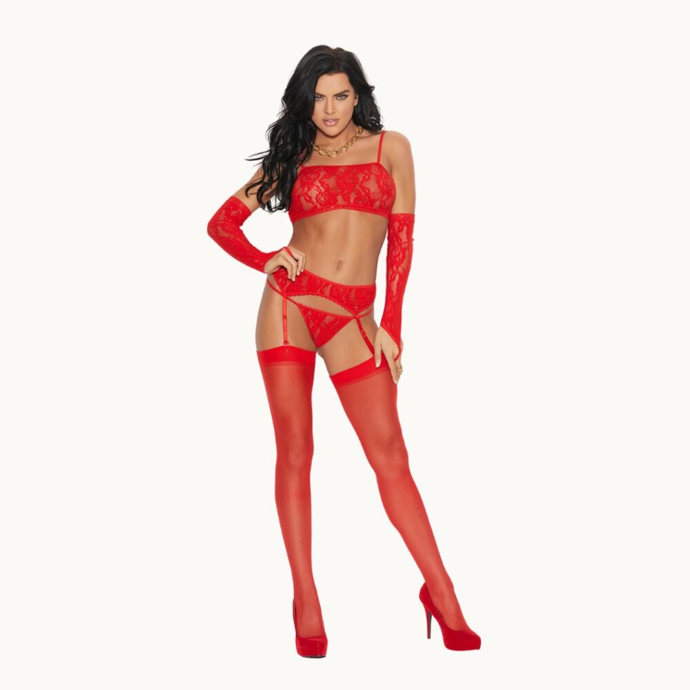 Red Lace Bralette Lingerie Set Garter Belt Gloves G-String 4pc Set - Picture 4 of 9